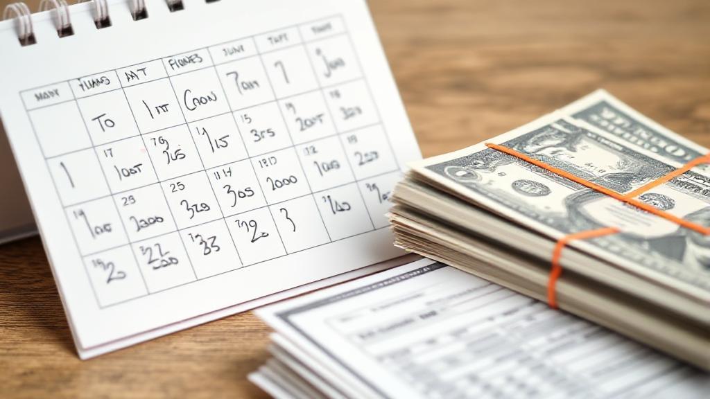 A calendar marked with key tax dates and a stack of tax forms and dollar bills.
