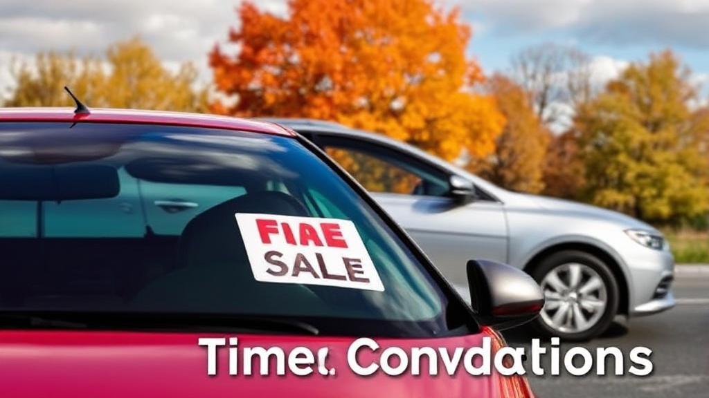 A dynamic image of a car with a "For Sale" sign, set against a backdrop of changing seasons to symbolize timing considerations.