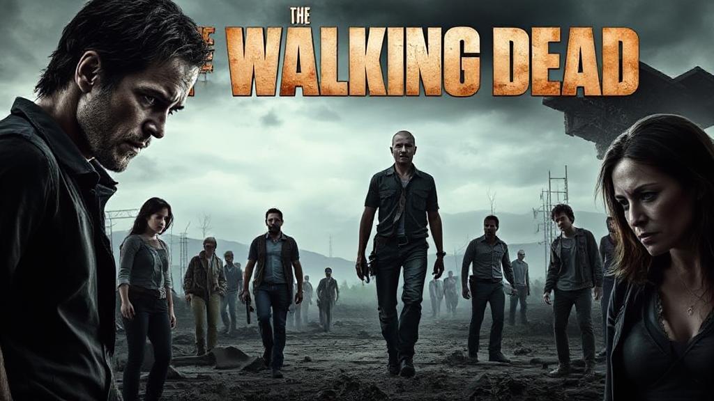 A suspenseful collage of key characters from "The Walking Dead" series, set against a backdrop of a desolate, post-apocalyptic landscape.