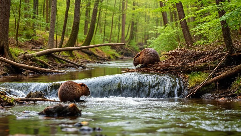 A serene forest scene featuring a beaver diligently constructing a dam across a flowing stream, showcasing the natural engineering skills of these industrious animals.