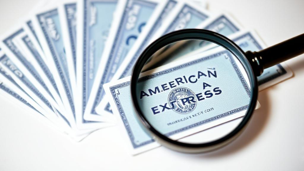 A selection of American Express cards fanned out on a table, with a magnifying glass highlighting one card.