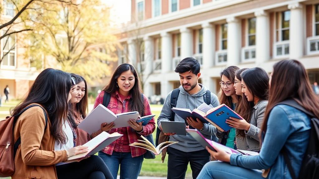 A diverse group of students engaged in a lively discussion on a university campus, with textbooks and laptops open around them.