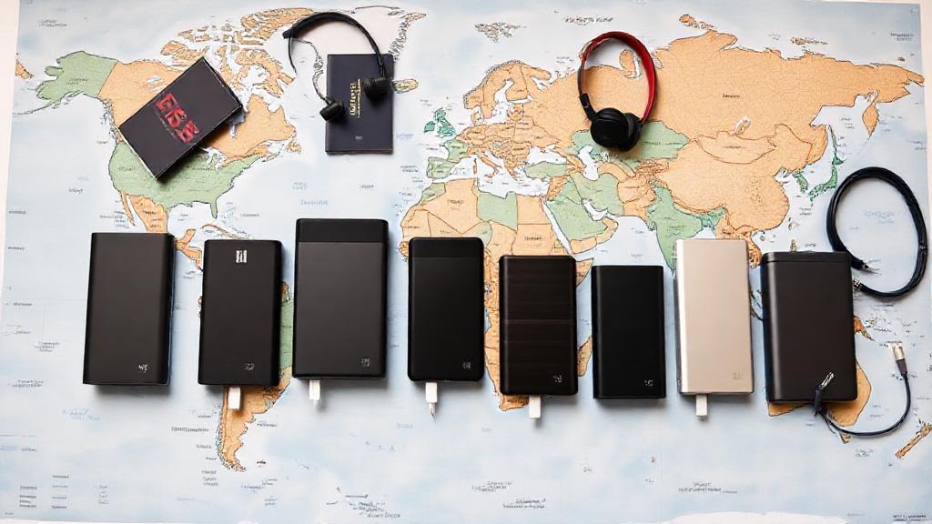 A sleek lineup of modern power banks arranged on a world map with travel essentials like passports and headphones, symbolizing reliable charging on the go in 2025.