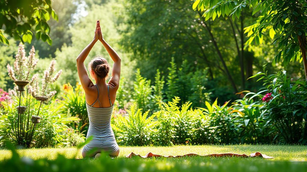 A serene image of a woman practicing yoga in a lush garden, symbolizing natural wellness and hormonal balance.