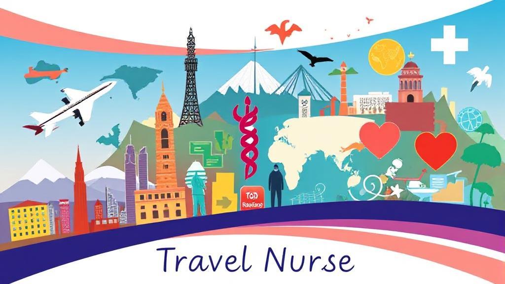 A vibrant collage of travel destinations and medical symbols, illustrating the journey and career of a travel nurse.