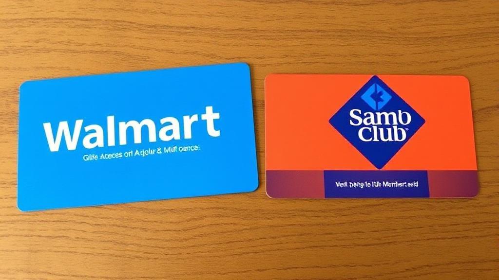 A Walmart gift card and a Sam's Club membership card placed side by side on a wooden table.