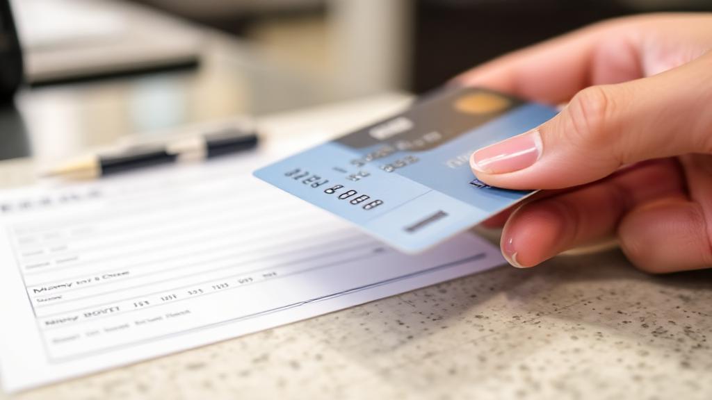 A close-up image of a debit card being used at a counter to purchase a money order, with a pen and money order form in the background.