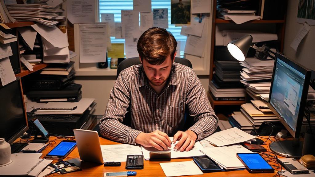 A person sits at a cluttered desk, surrounded by buzzing notifications and open devices, yet remains intently focused on their work.