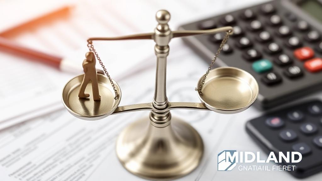 A balanced scale symbolizing decision-making, with a backdrop of financial documents and a calculator, illustrating the theme of managing debt with Midland Credit Management.