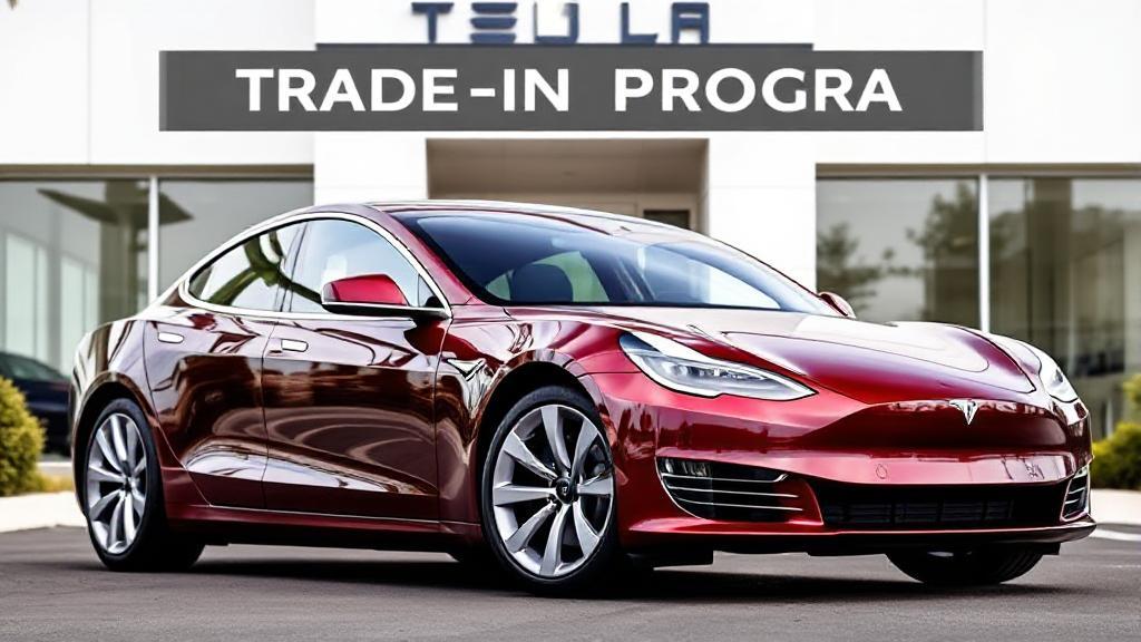 A sleek Tesla vehicle parked in front of a dealership, with a "Trade-In Program" banner prominently displayed above.