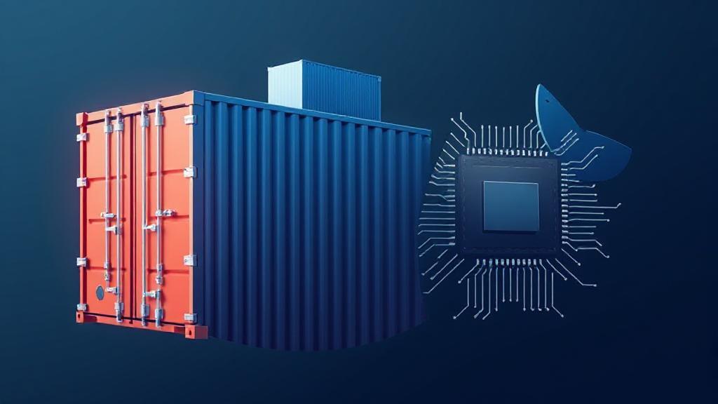 A sleek digital illustration of a shipping container transforming into a computer chip, symbolizing the concept of Docker containers.