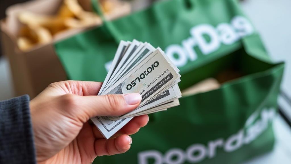 A close-up image of a hand holding cash with a DoorDash delivery bag in the background.