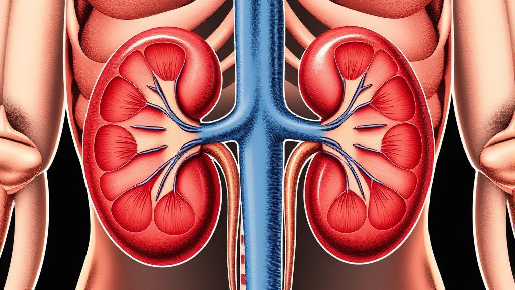 A detailed anatomical illustration of the human kidneys, highlighting their position and connection to the urinary system.