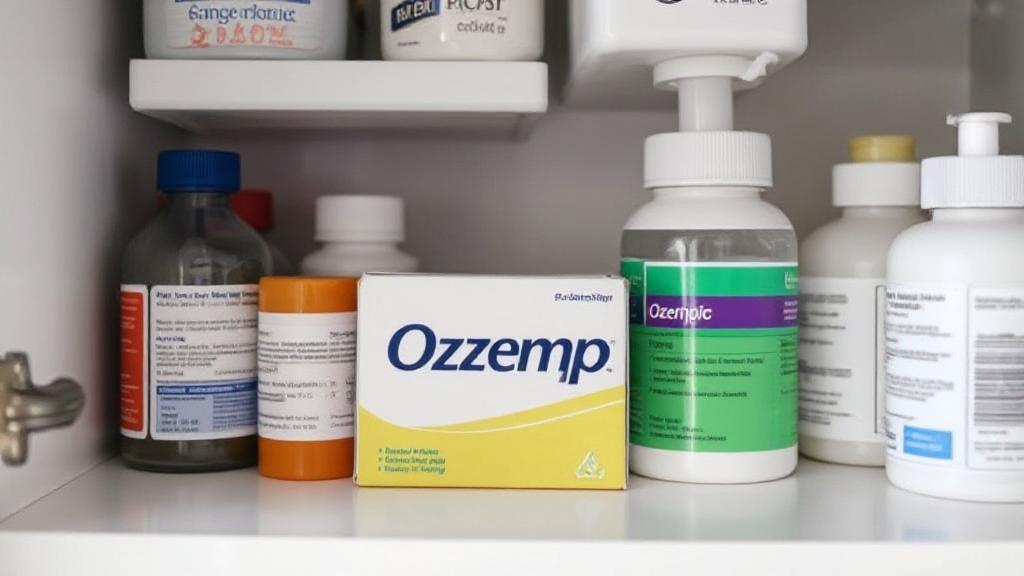 A neatly organized medicine cabinet showcasing a box of Ozempic stored correctly alongside other medical supplies.
