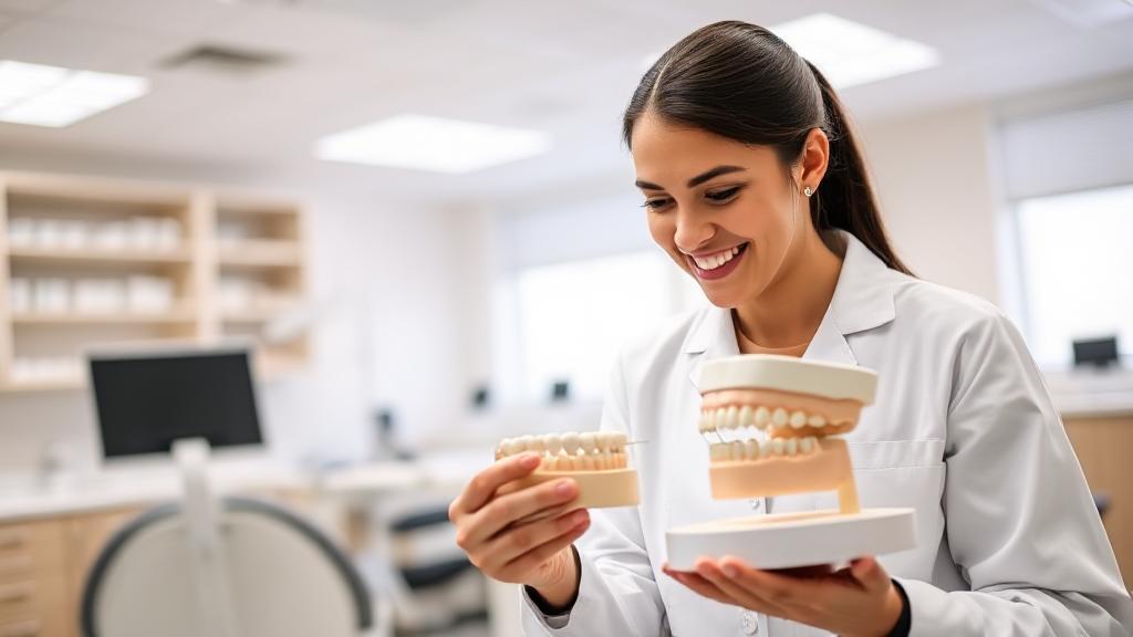 A smiling dental student in a lab coat examines a dental model in a bright, modern classroom setting.