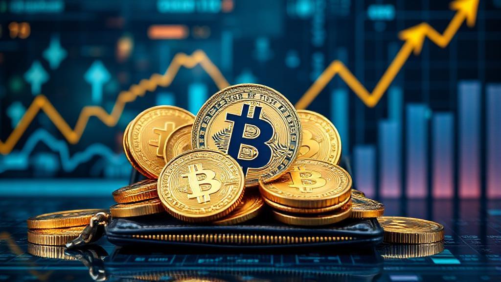 A digital wallet overflowing with bitcoins against a backdrop of blockchain graphics and upward-trending financial charts.