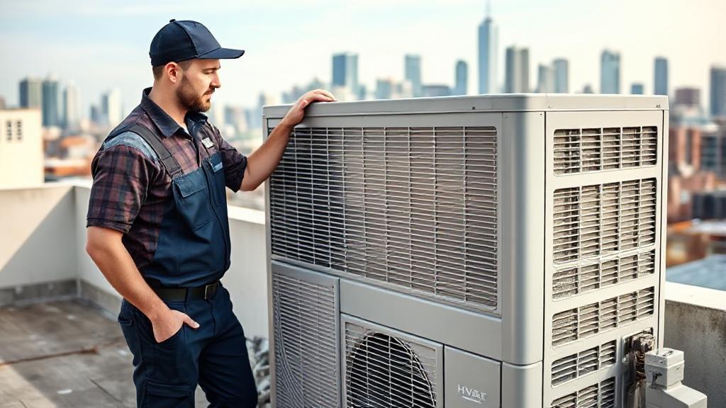 A professional HVAC technician inspecting a modern air conditioning unit on a rooftop with a city skyline in the background.