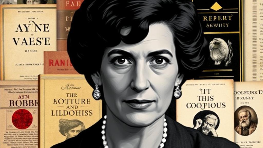 A portrait of Ayn Rand with a backdrop of her most famous works, symbolizing her influence on philosophy and literature.