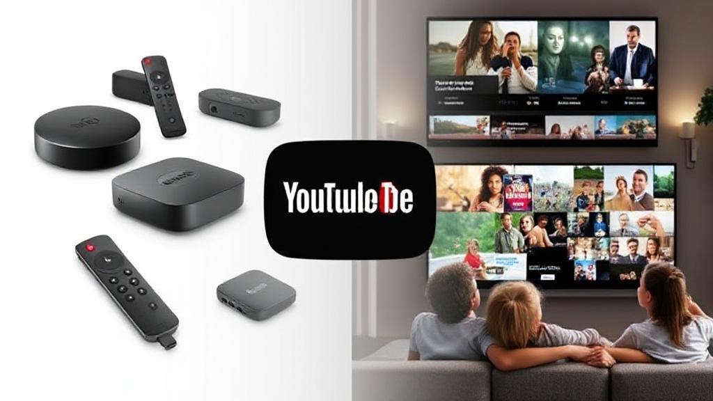 A vibrant collage of streaming devices, the YouTube TV logo, and a family enjoying diverse content on a large screen.