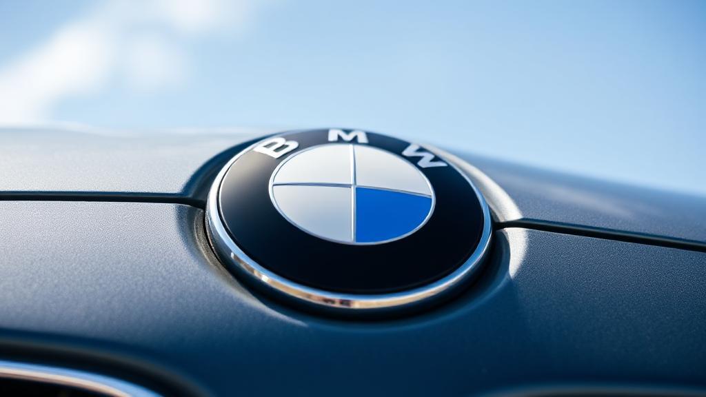 A sleek BMW car emblem glistening against a backdrop of a clear blue sky.