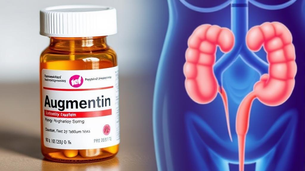 A close-up image of a prescription bottle labeled "Augmentin" alongside a medical illustration of the urinary system.