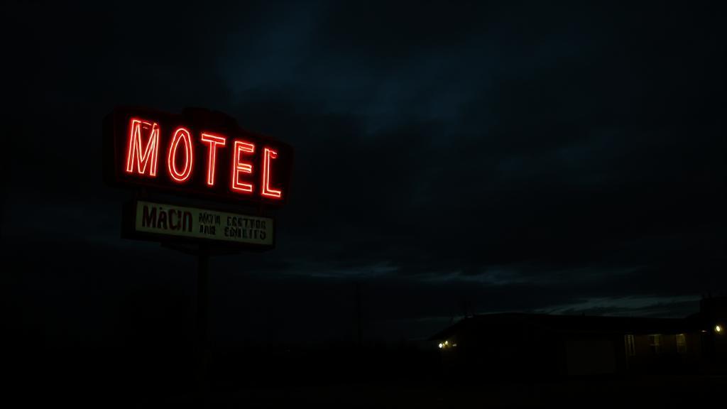 A dark, atmospheric image of the iconic Bates Motel sign illuminated at night, set against a backdrop of a foreboding sky.