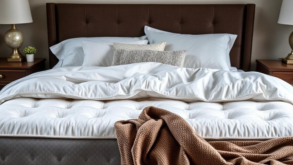 A cozy bedroom scene featuring a luxurious, neatly made bed with various mattress types and textures subtly highlighted.