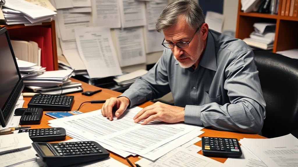 A perplexed taxpayer reviews state tax documents at a cluttered desk, surrounded by calculators and financial papers.