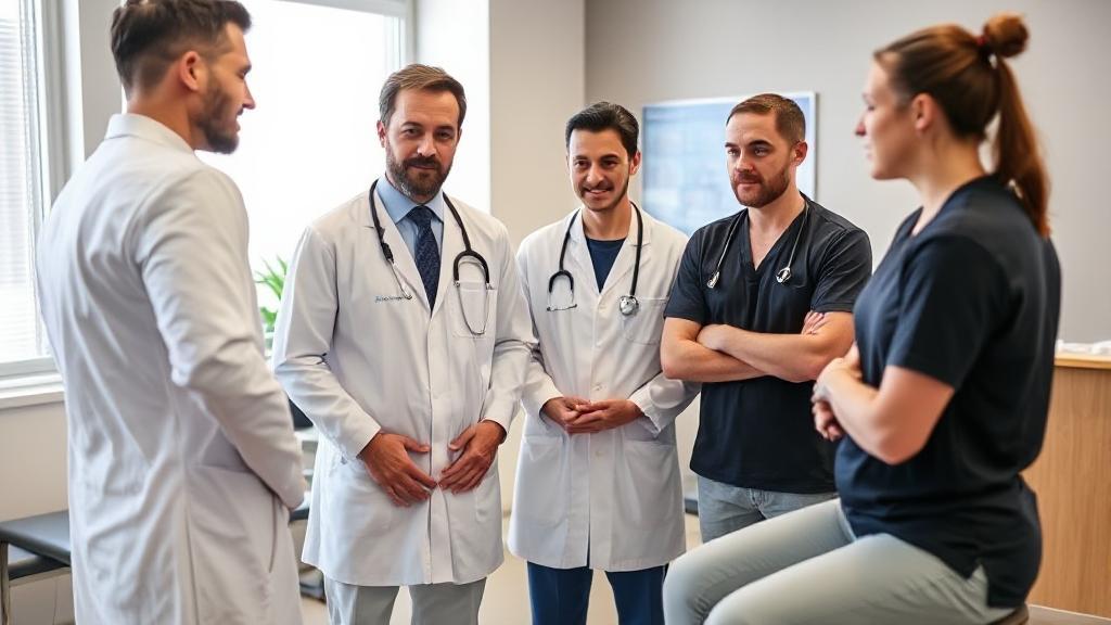 A diverse group of medical professionals, including a chiropractor, orthopedic surgeon, and physical therapist, discussing treatment options with a patient in a modern clinic setting.