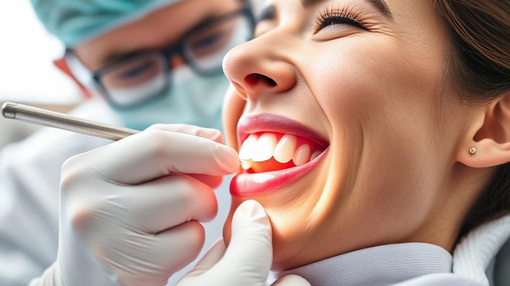 A close-up image of a dentist carefully fitting a dental crown onto a patient's tooth in a brightly lit dental office.