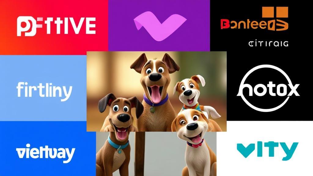 A vibrant collage of streaming platform logos surrounding a playful image of animated dogs from the movie "Strays."