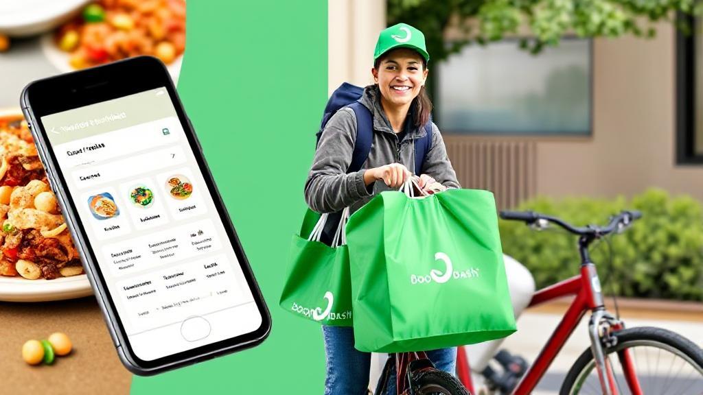 A vibrant collage of the DoorDash app interface, delivery bags, and a smiling courier on a bicycle, capturing the essence of the food delivery process.