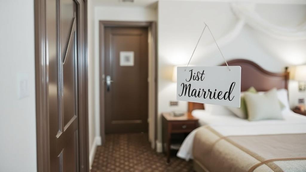 A beautifully decorated hotel room with a "Just Married" sign on the door, symbolizing the perfect wedding accommodation.