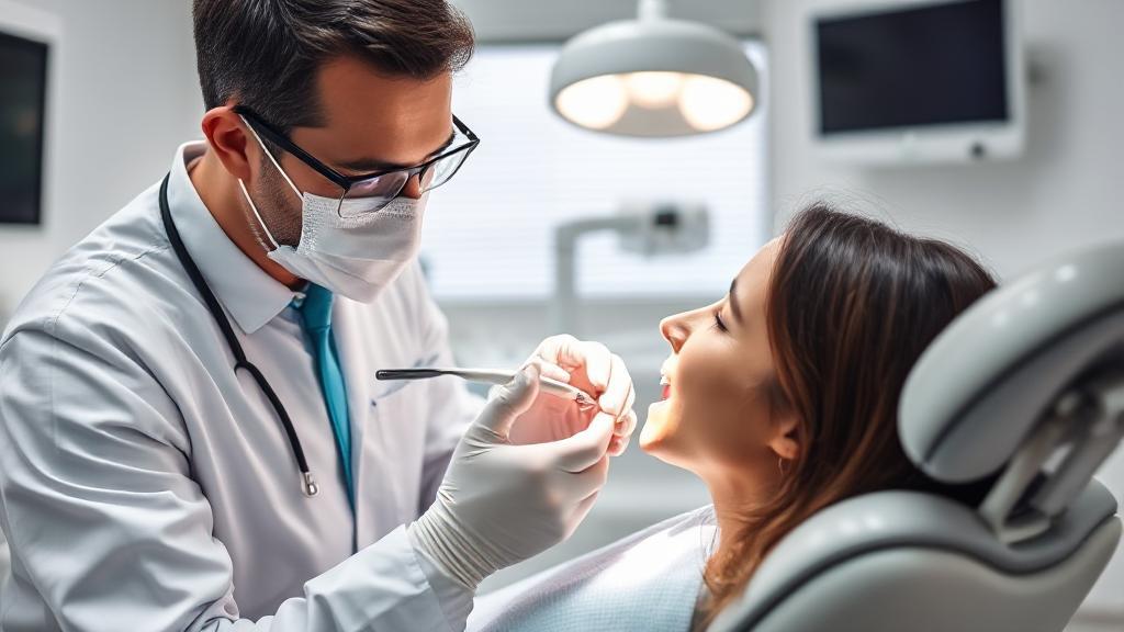 A professional dentist examining a patient's teeth in a modern dental office, symbolizing the expertise and value in the dental profession.