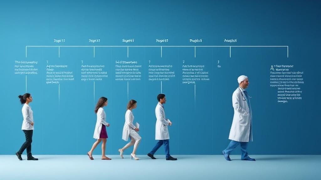 A visual journey through the stages of medical education and training, from aspiring student to practicing doctor.