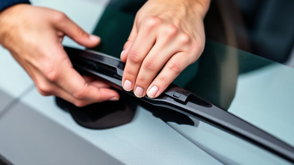 A close-up image of hands carefully detaching a windshield wiper blade from a car.