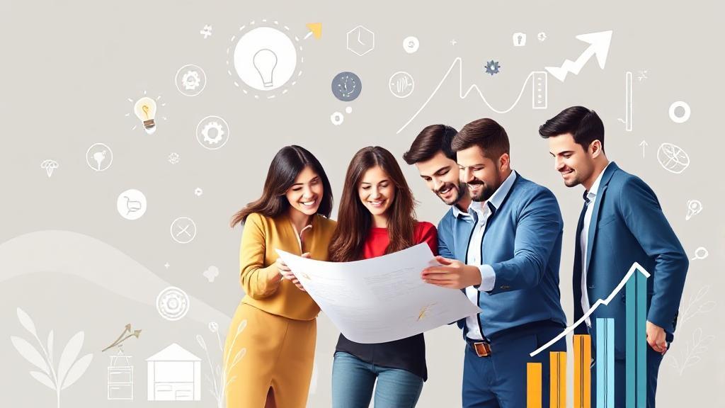 A dynamic header image featuring a diverse group of entrepreneurs collaborating over a business plan, surrounded by symbols of innovation and growth.