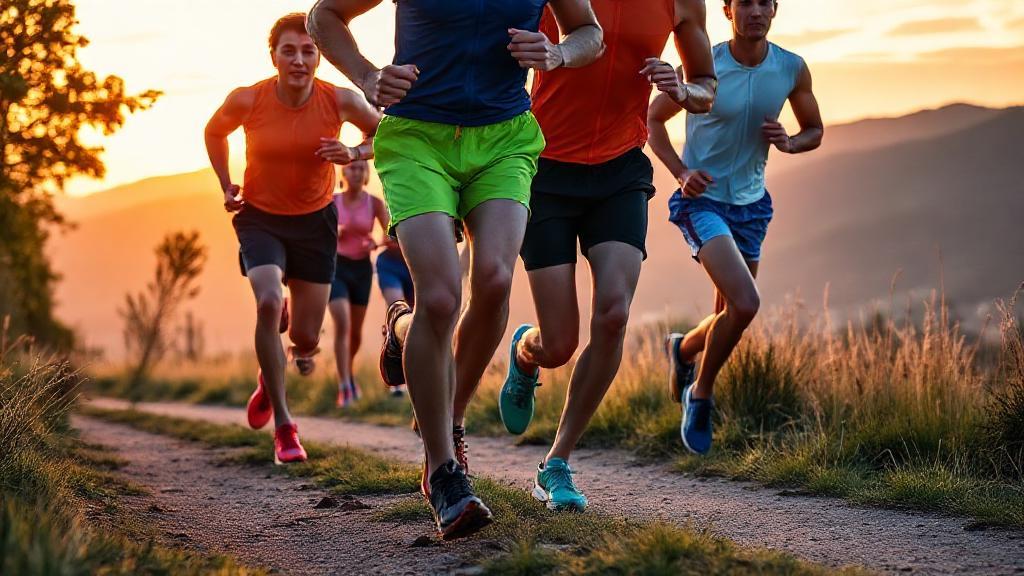 A group of diverse runners in vibrant, high-tech shorts sprinting along a scenic trail at sunrise, showcasing comfort and performance.