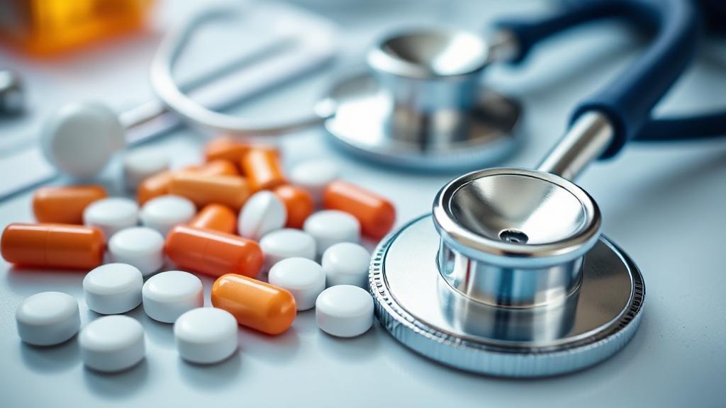 A close-up image of assorted alpha blocker pills and a stethoscope on a doctor's desk, symbolizing medical treatment and healthcare.
