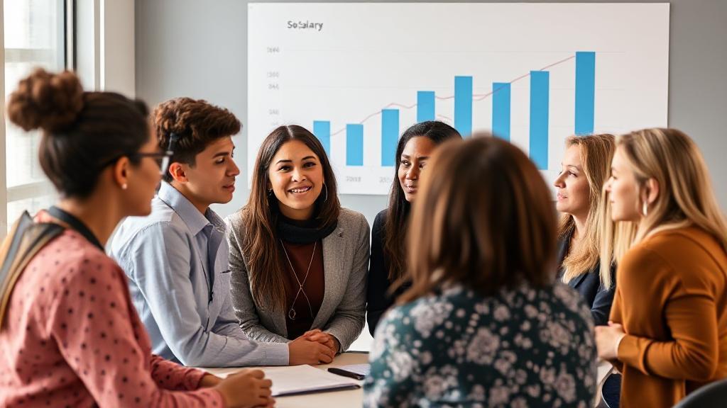 A diverse group of social workers engaged in a collaborative discussion, with a bar graph depicting salary trends in the background.
