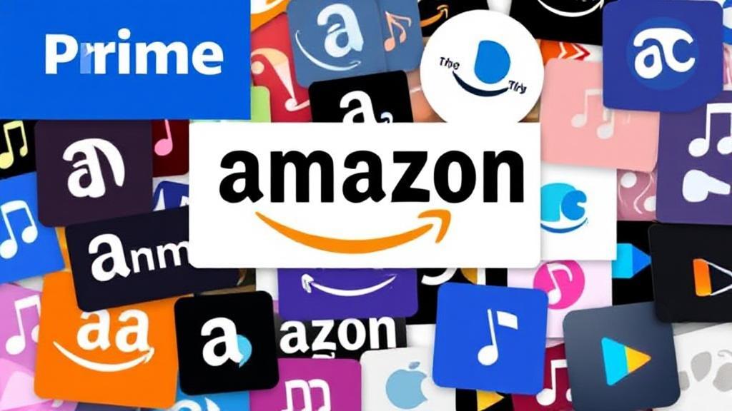 A vibrant collage of Amazon Prime and Amazon Music logos intertwined with musical notes and streaming icons.