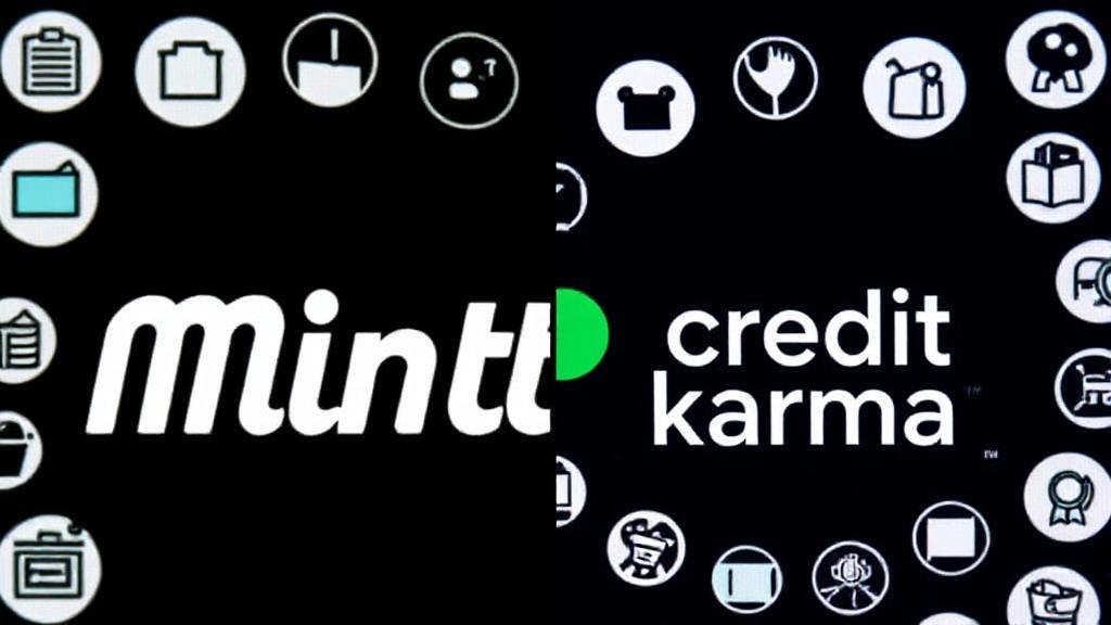 A split-screen image featuring the logos of Mint and Credit Karma, each surrounded by icons representing budgeting and credit monitoring.