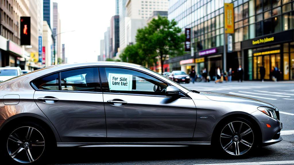 A sleek car parked in a bustling urban setting, with a "For Sale" sign visible in the window.