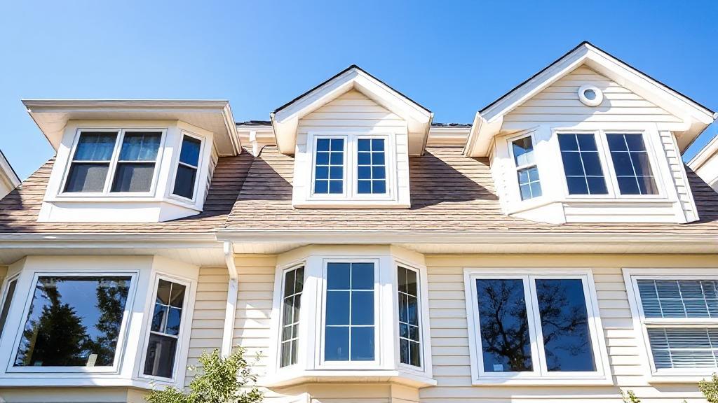 A bright, modern home exterior showcasing various styles of windows under a clear blue sky.