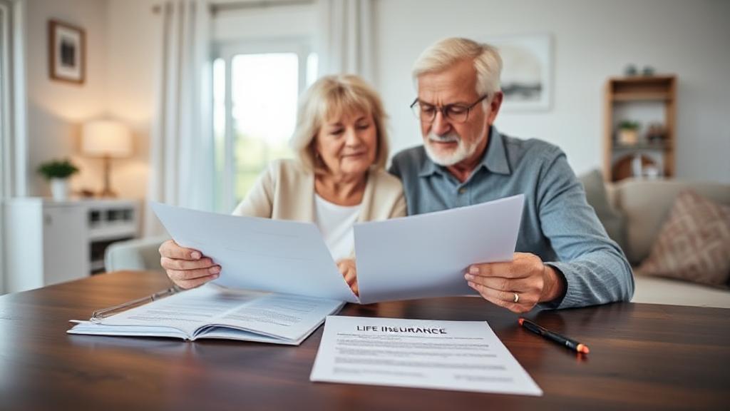 A serene image of a mature couple reviewing financial documents at home, with a life insurance policy prominently displayed on the table.