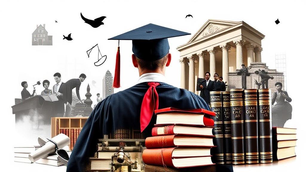 A dynamic collage of law school graduation, courtroom scenes, and legal books symbolizing the journey to becoming a lawyer.
