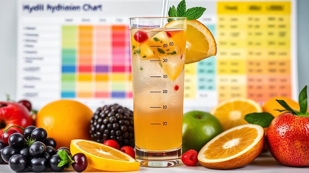 A refreshing glass of Liquid IV surrounded by vibrant fruits and a hydration chart in the background.