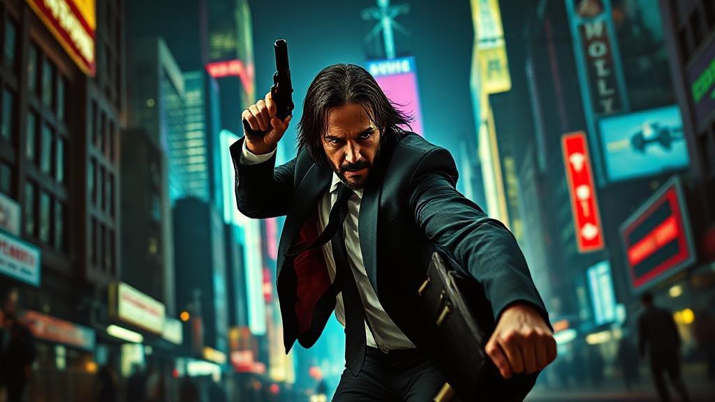 A dynamic image of John Wick in action, set against a backdrop of neon-lit cityscapes, capturing the intense and stylish atmosphere of the film.