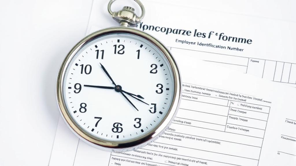 A clock face intertwined with a tax form, symbolizing the time involved in obtaining an Employer Identification Number (EIN).