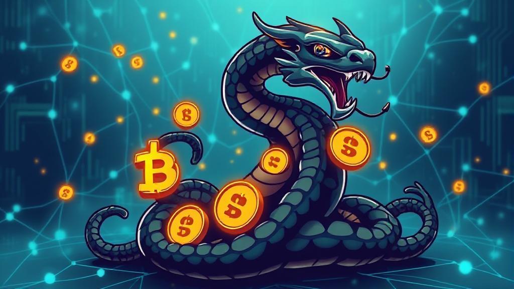 A sleek digital illustration of a kraken entwined with cryptocurrency symbols, set against a backdrop of a futuristic financial network.